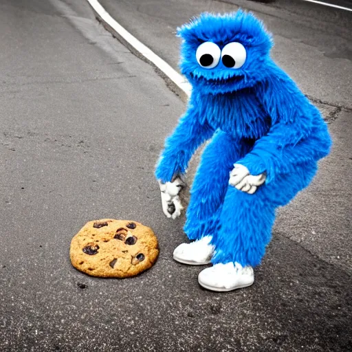 Prompt: Photo of the cookie monster commiting felony robbery, 24mm f/1.4, HDR