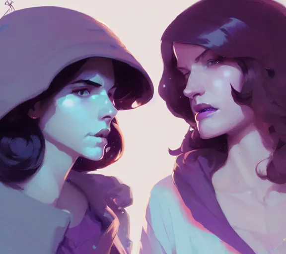 Prompt: portrait violet and caitlyn, arcane, by atey ghailan, by greg rutkowski, by greg tocchini, by james gilleard, by joe fenton, by kaethe butcher, dynamic lighting, gradient light blue, brown, blonde cream and white color scheme, grunge aesthetic