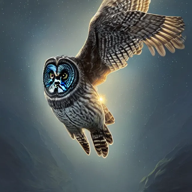 Image similar to portrait of a gray owl attacking with spreaded wings, bright golden eyes in the night, blue night lighting, symmetrical, album cover art, highly detailed, digital painting, artstation, concept art, sharp focus, cinematic lighting, illustration, art by artgerm and greg rutkowski, alphonse mucha, cgsociety