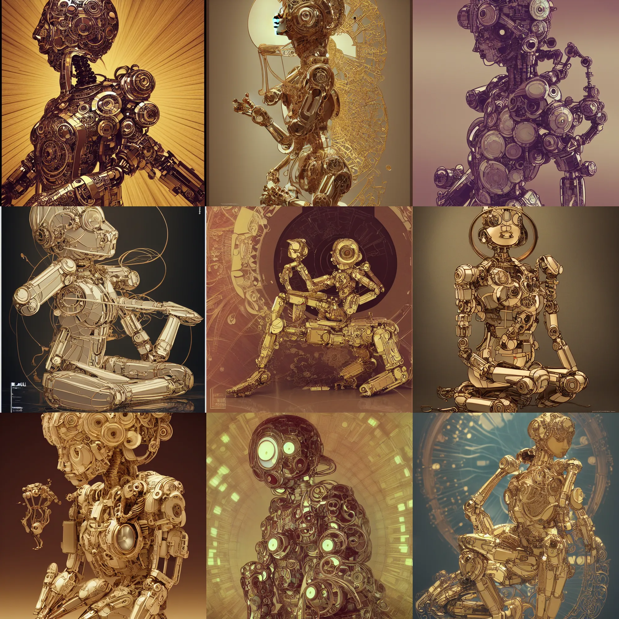 Prompt: illustration cute art toys wooden ultra clear sculpture of beautiful cute robot meditation position cybernetics samourai, low contrast, hyper realistic detailed render, hypermaximalist, ornate, epic composition, 4 k 8 k, cryengine octane blender, sharp focus, concept art, masterpiece of art by alphonse mucha