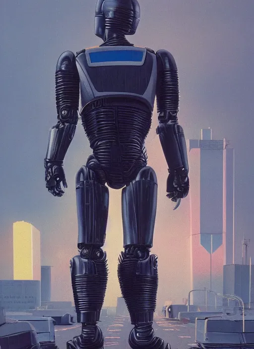 Image similar to RoboCop (1987), very low angle photograph, very detailed, trending on artstation, hyperrealistic, soft colors, simon stålenhag, lovecraft, horror