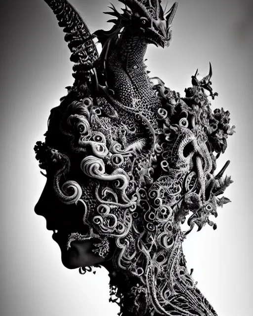 Image similar to dark background, a black and white high quality dreamy photo of a young beautiful female queen-dragon-vegetal-cyborg bust with a very long neck and delicate Mandelbrot fractal face, elegant, highly detailed, flesh highly baroque ornate, hair are curled wired cables, elegant, poetic, soft, dreamy, mysterious, high fashion, rim light, in the style of Ellen von Unwerth, Realistic, Refined, Digital Art, Highly Detailed, Cinematic Lighting, rim light, black and white, photo-realistic, 8K