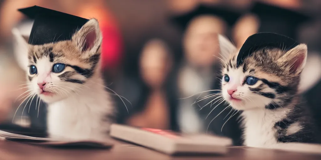 Prompt: A professional photograph of a kitten in a graduate hat doing a speech from a speech tribune , shutterstock, university, cinematic, 8K, award-winning photo, highest quality, perfect moment