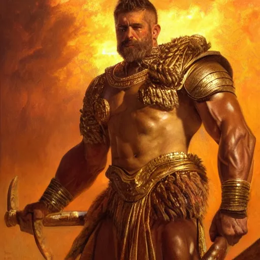 Image similar to handsome portrait of a spartan king bodybuilder posing, radiant light, caustics, heroic fire, by gaston bussiere, bayard wu, greg rutkowski, giger, maxim verehin