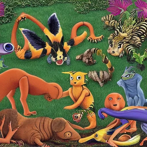 Prompt: A beautiful land art of a group of creatures that looks like a mix of different animals. Most of the creatures have human-like features, such as arms and legs, and some are standing upright while others are crawling or flying. Digimon by Larry Elmore relaxed