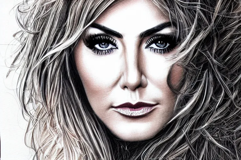 Image similar to bored look in her eyes Aracely Arambula close-up portrait looking straight on, complex artistic color pencil sketch illustration, full detail, gentle shadowing, fully immersive reflections and particle effects, chromatic aberration.