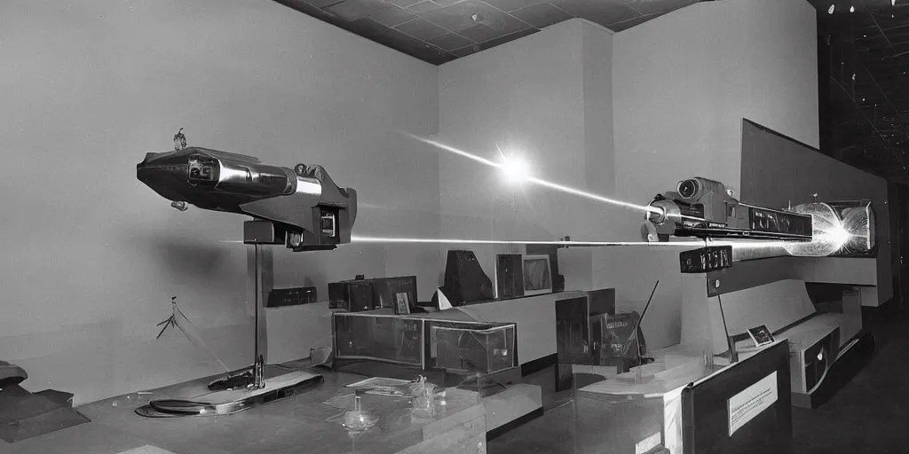 Image similar to museum display of ww 2 space laser weapons, archive photograph, 1 9 5 0's, sci - fi