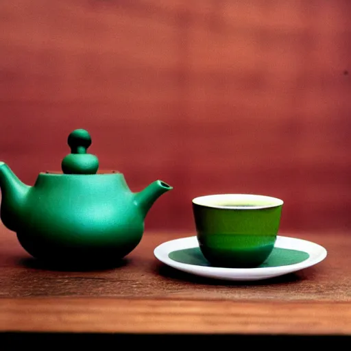 Prompt: impressonism nostalgic photograph of a teapot on a wooden table next to a cup of matcha tea, portra 800