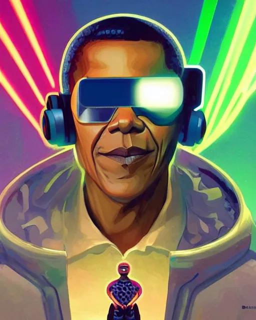 Image similar to obama as future coder man looking on, sleek cyclops display over eyes and sleek bright headphoneset, neon accent lights, holographic colors, desaturated headshot portrait digital painting by dean cornwall, rhads, john berkey, tom whalen, alex grey, alphonse mucha, donoto giancola, astronaut cyberpunk electric