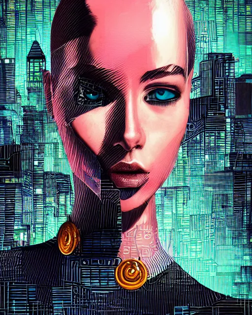 Image similar to cypherpunk fashion illustration, camera face, city street background with high tall buildings, abstract portrait highly detailed, finely detailed