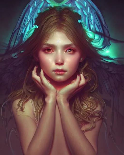 Image similar to portrait of a cute female angel, bioluminescent, veins, horror, happy, highly detailed, digital painting, cinematic, hyperrealism, dark retrowave, art by stanley lau and artgerm and magali villeneuve and alphonse mucha, artstation, octane render, cgsociety