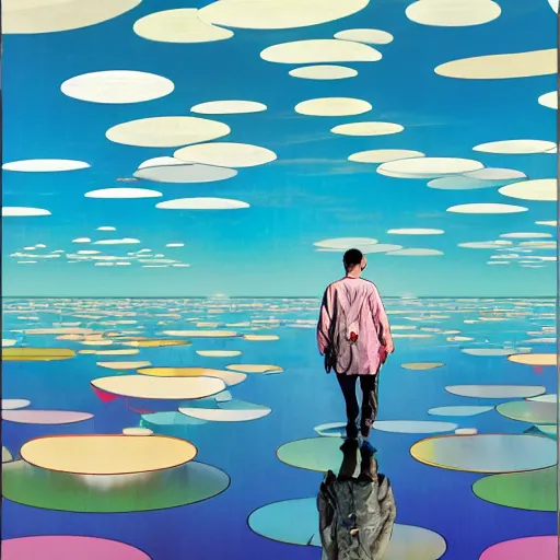 Image similar to a man walking on clouds away from the camera above a lake by takashi murakami, beeple and james jean, aya takano color style, 4 k, super detailed, modern, 4 k, symmetrical