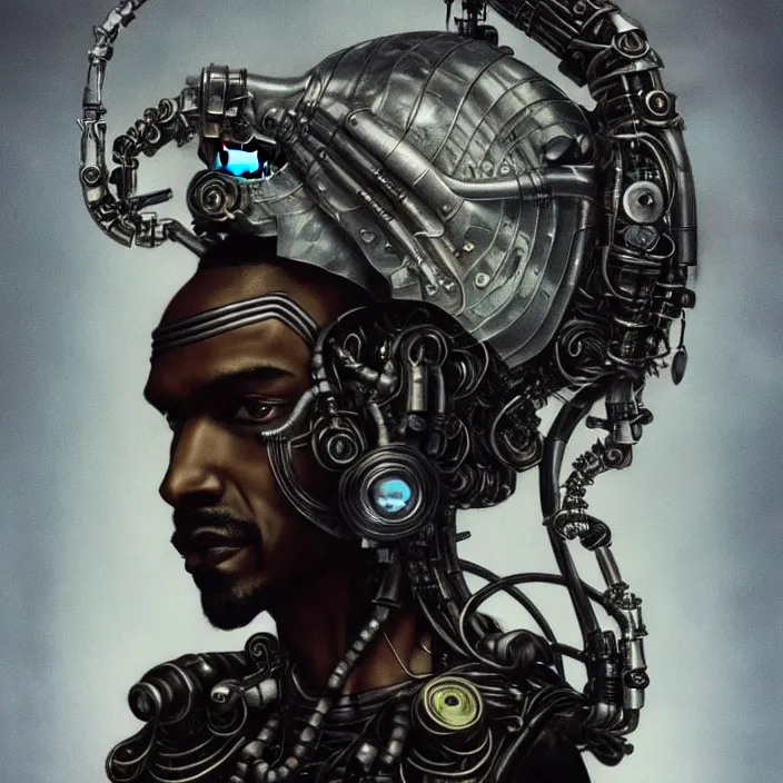 Image similar to cyberpunk black man at 20s with robot eyes, short hair, tiny thin mustache, thin face, wearing headphones, holding a big camera, by Wayne Barlowe by peter Mohrbacher by Giger, dressed by Alexander McQueen and by Neri Oxman, metal couture hate couture editorial