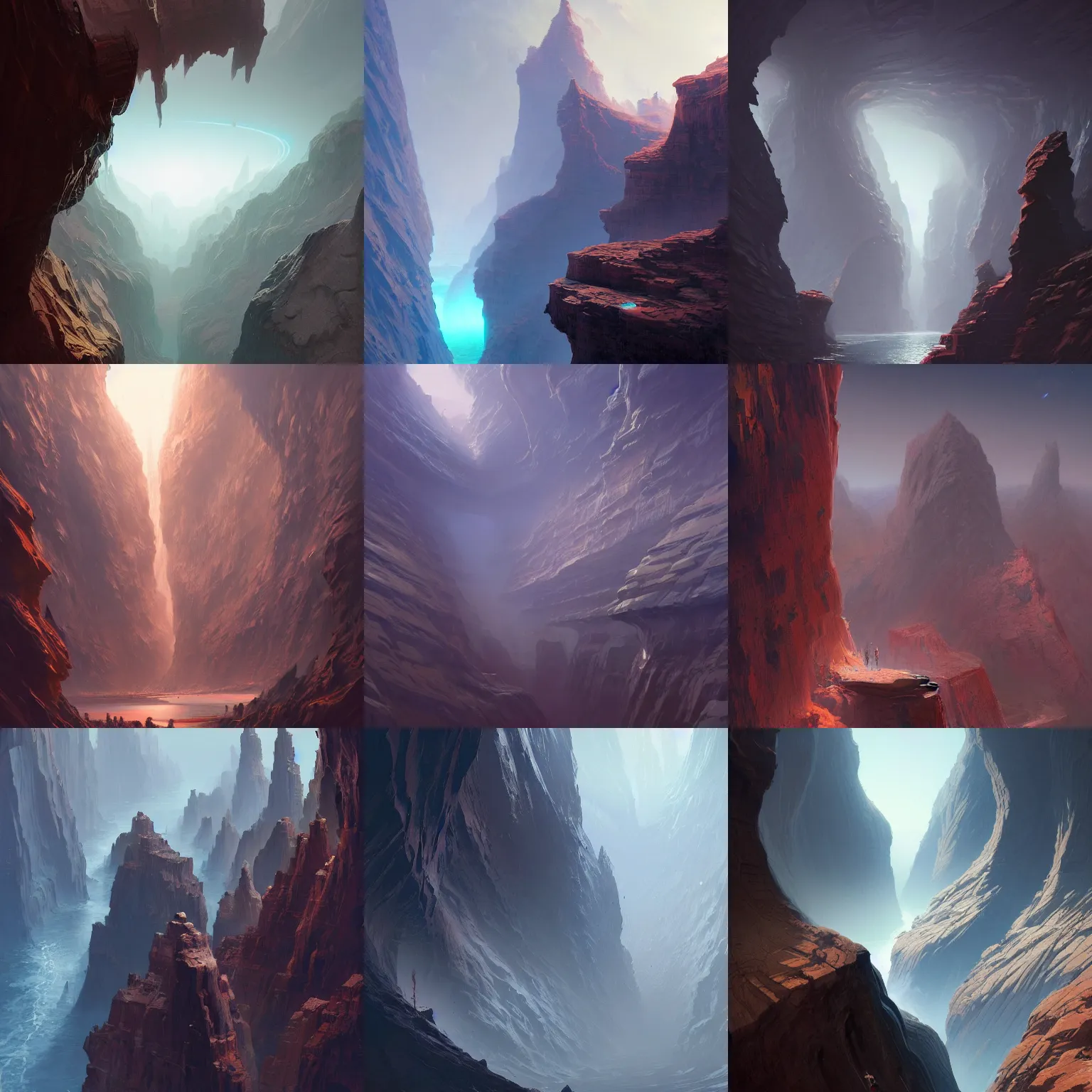 Prompt: a range of infinitely deep canyons from which eyeballs peer from the abyss in their unblinking state, by greg rutkowski, chris tulloch mccabe, valentina remenar and asher duran, digital art, concept art, trending on artstation