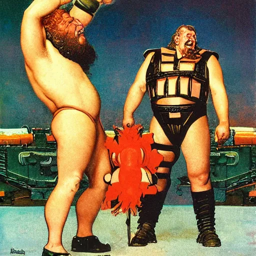 Image similar to wrestler giant haystacks in scifi warrior combat battle armour, by norman rockwell and boris vallejo