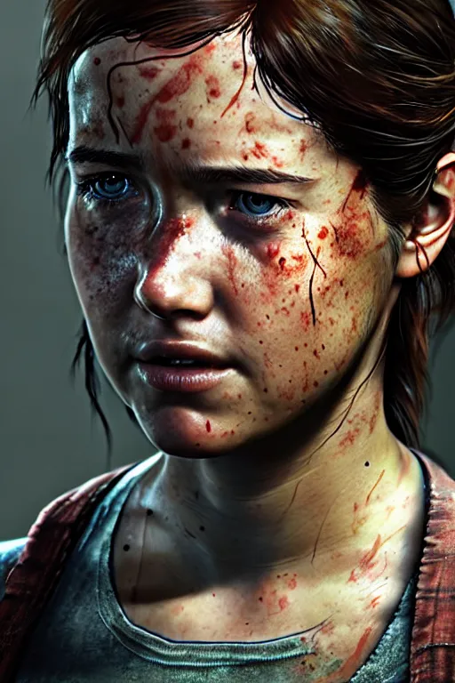 Image similar to ultra detailed facial portrait of ellie from the last of us part 2, micro expressions, highly detailed, trending on artstation, cinematic lightning, sharp focus, illustration, 8 k, elegant, leica sl 2 3 0 mm