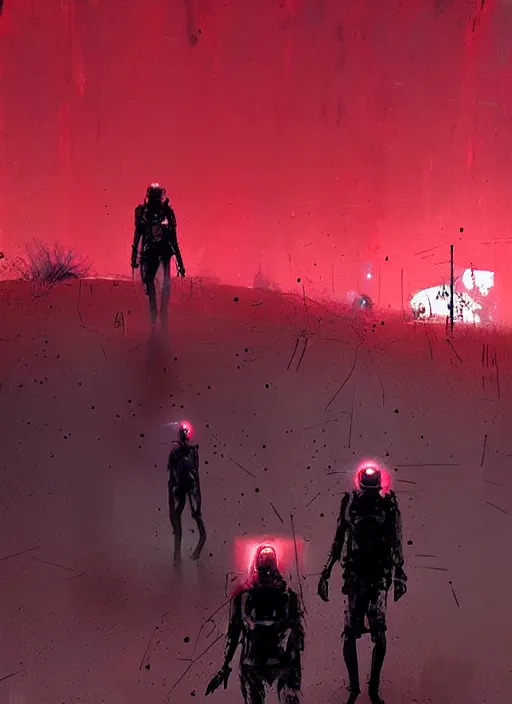 Image similar to horror art, meta - human troopers in a muddy trench, red vortex sky in the background, art by ismail inceoglu