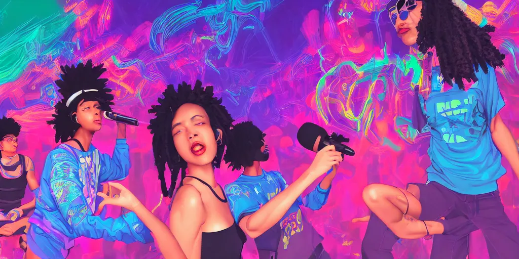 Image similar to multiracial friends rapping with microphone in living room, epic poses, distinct figures, digital art, vaporwave light show, psychedelic, diverse representation, surreal, hip hop, trending on Artstation, professional artist, detailed, 4k