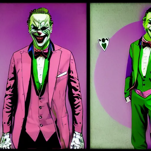 Prompt: poker card design of dc comic villain the joker creepy smile, full body pose, purple suit, green bowtie, new york chaotic background, scattered joker poker cards, chaos by norman rockwell, michael hussar, kim jung gi, greg rutkowski, james jean, tomer hanuka. 3 d octane render. ambient occlusion.