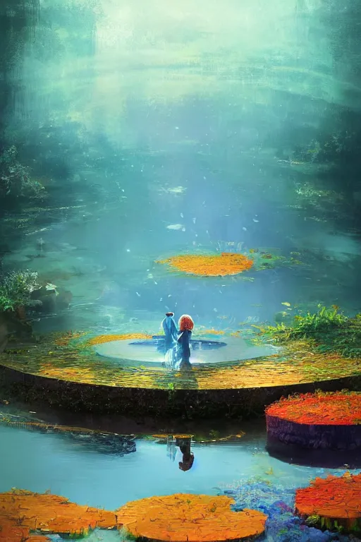 Image similar to nenufar in a pond, colorful, blue backgroung,clean, joyful, intricate, elegant, volumetric lighting, digital painting, highly detailed, artstation, sharp focus, illustration, concept art, ruan jia, steve mccurry