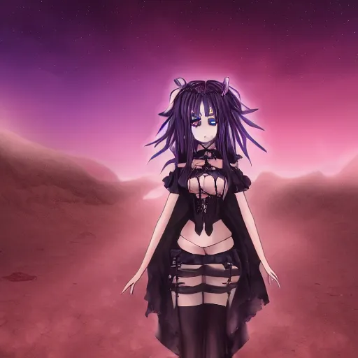 Prompt: a gothic anime girl in the middle of the desert, 4 k, digital art, trending on artstation, studio lighting, wide angle lens, 1 5 mm,