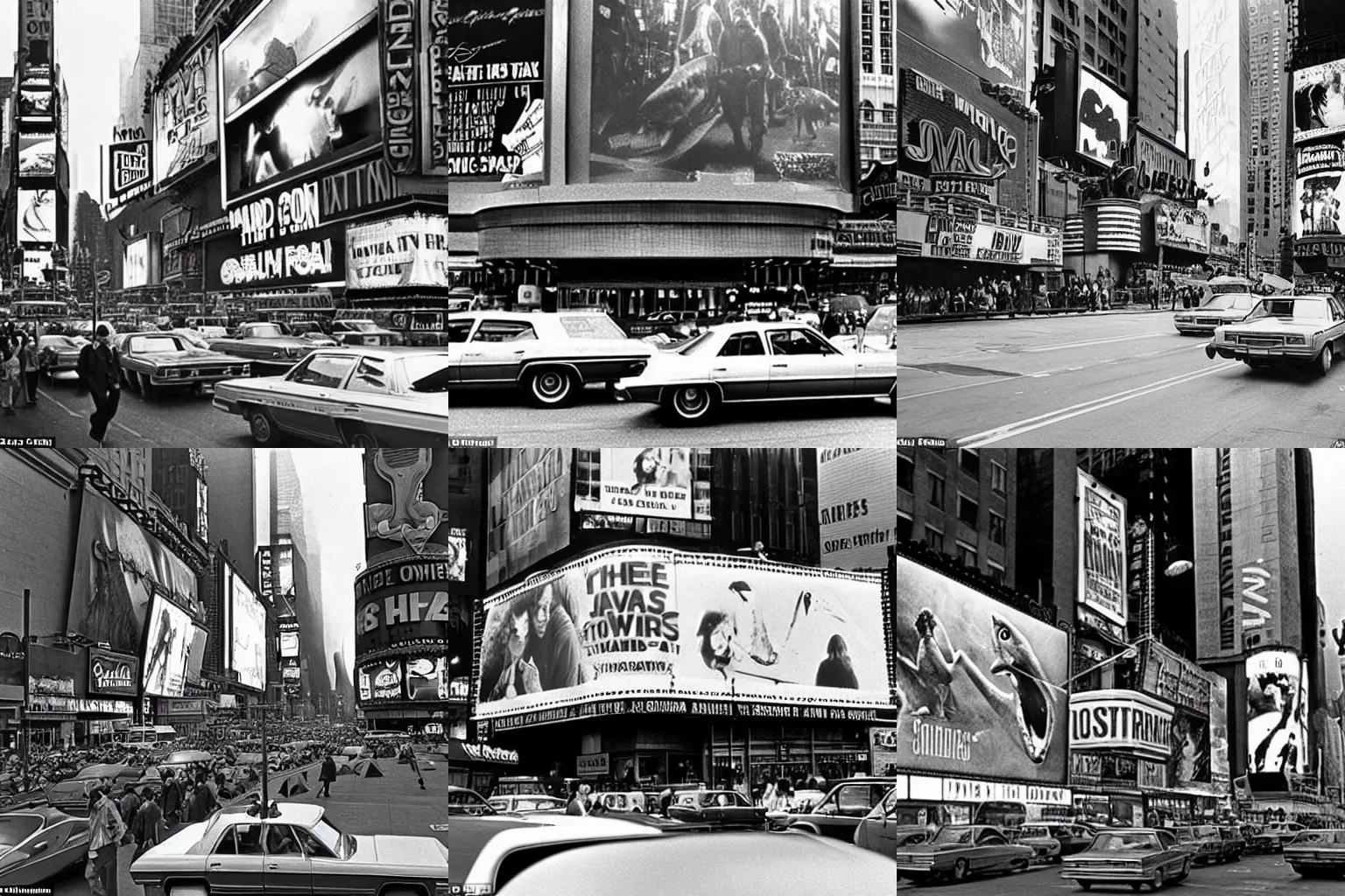 Prompt: Movie Theater in Times Square showing Jaws in 1975, crowded street shot, highly detailed photograph from 1975