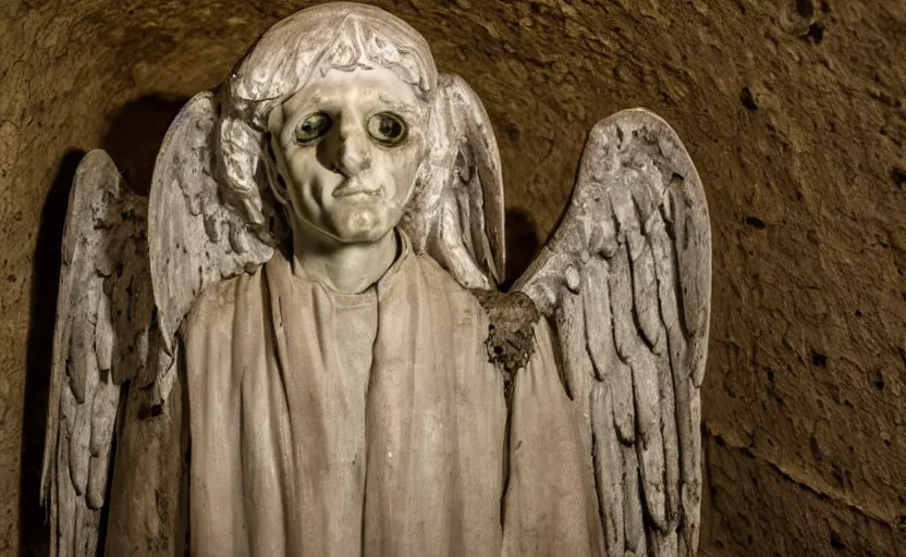 Prompt: several decrepit creepy statues of the archangel gabriel smirking at the camera, placed throughout a dark claustrophobic old catacomb, realistic, underexposed photography, bad camera footage, wide shot, sinister, low - lighting, foreboding, grainy photo