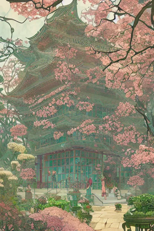 Image similar to a beautiful hyperdetailed matte illustration victo ngai style of absolutely beautiful blooming flower house, from china, perfectly shaded, atmospheric lighting, style of studio ghibli, makoto shinkai, raphael lacoste, louis comfort tiffany, artgerm, james jean, ross tran, chinese style