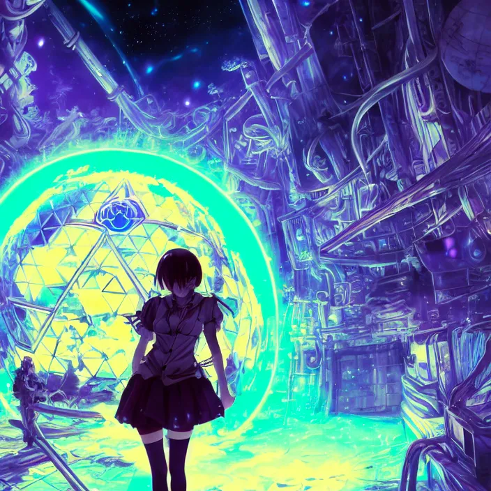 Image similar to Albedo from overlord, mamimi samejima, psychedelic background, epcot, inside a space station, eye of providence, female anime character, Lain, uwu, uwu, Luminism, Tomas Sanchez, surrealism, Simon Stålenhag, Ruan Jia, uwu Hi-Fructose, Artstation, HD, HDR, High Resolution, technological rings, giygas