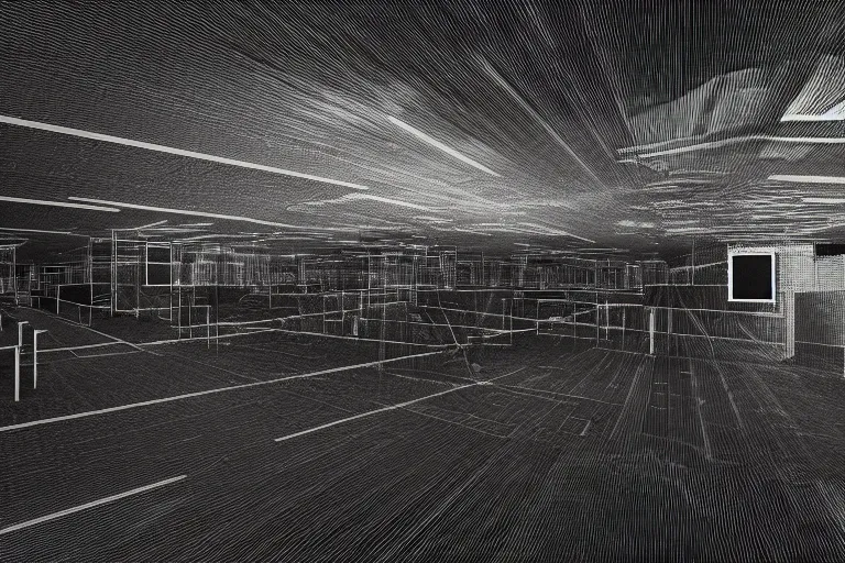 Prompt: cctv of an extremely dark infinite never ending ikea, dark deep black shadows, in the style of trevor henderson and james ensor goya, liminal space, 3 d render, glitch effect