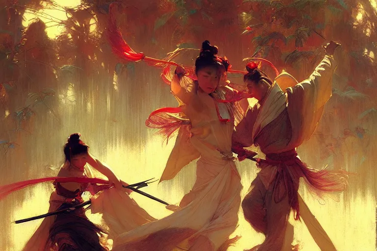 Image similar to wuxia, spring, neon light, painting by gaston bussiere, craig mullins, j. c. leyendecker