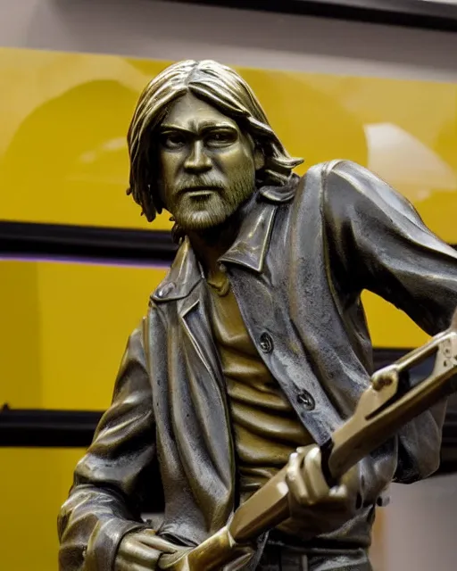 Image similar to photograph of bronze statue of kurt cobain holding a shotgun in a toys r us, photo - realism, 8 k, cinematic,