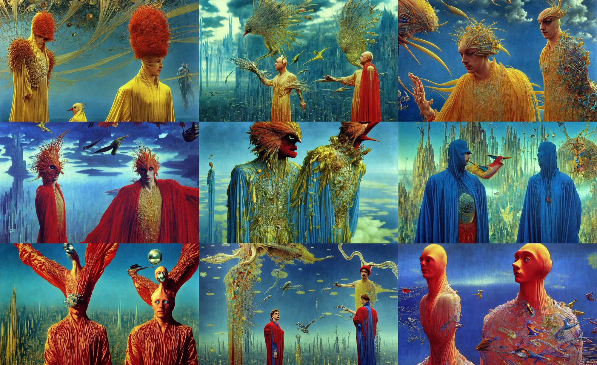 Prompt: realistic detailed portrait movie shot of a birdman wearing reflective sheer robes, sci fi city landscape background by denis villeneuve, amano, yves tanguy, alphonse mucha, ernst haeckel, max ernst, roger dean, masterpiece, rich moody colours, blue eyes