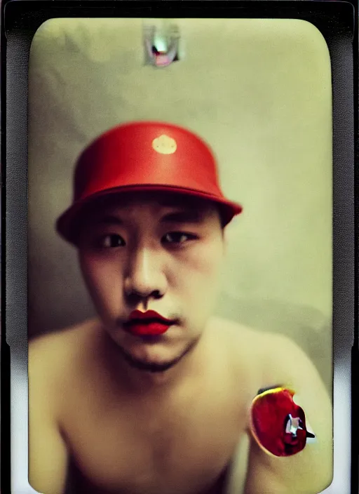 Image similar to polaroid by mucha, selfie, influencer, diaphanous, fashion, octoberfest, render, octane, detailed, award winning photography, masterpiece, of nicol cage playing poker. he is wrapped in the korean flag, dark backround, highly detailed, smooth, sharp focus, intricate,