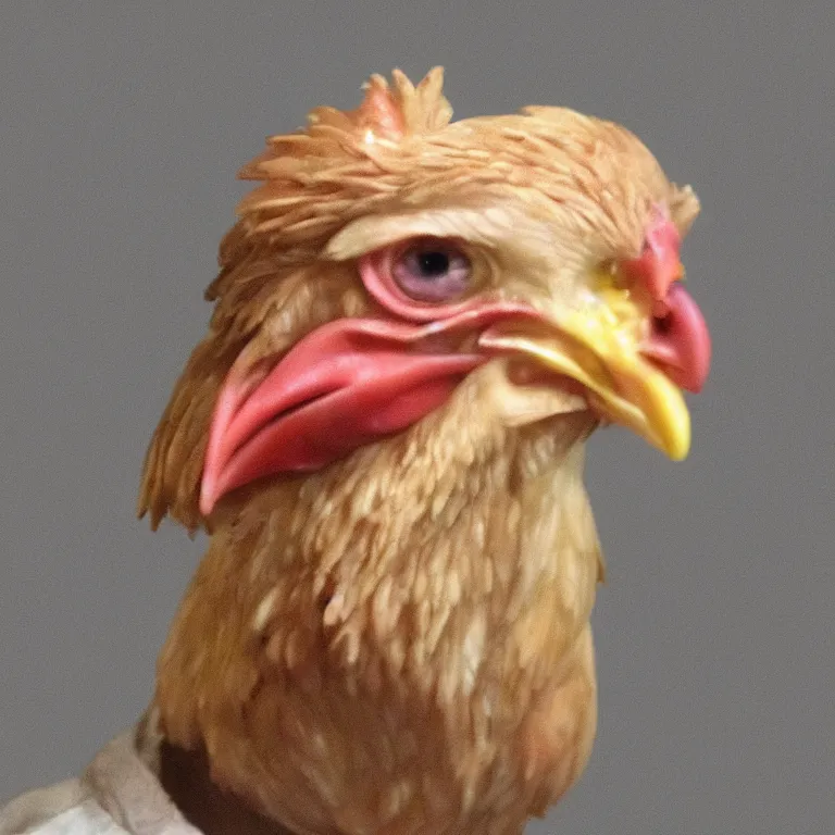 Prompt: chicken headed human, mugshot