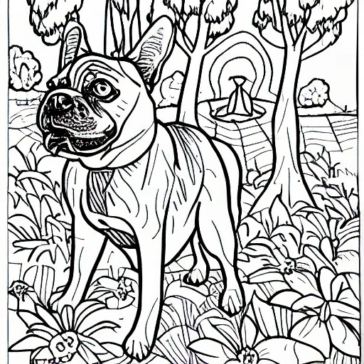 Image similar to Dog at the park, coloring book outline, line drawing