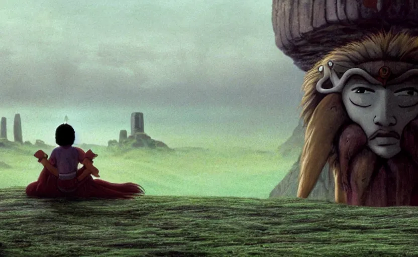 Image similar to movie still from princess mononoke ( 1 9 9 7 ) showing a highly detailed landscape with a giant long - haired buddha in lotus position with stonehenge in the background. 1 9 8 0 s science fiction, 1 9 7 0 s science fiction, cyberpunk, moody, misty, depth perception, 4 k, artstation