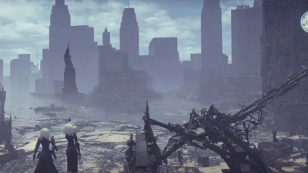 Image similar to Screenshot from Nier Automata, near the Statue of Liberty