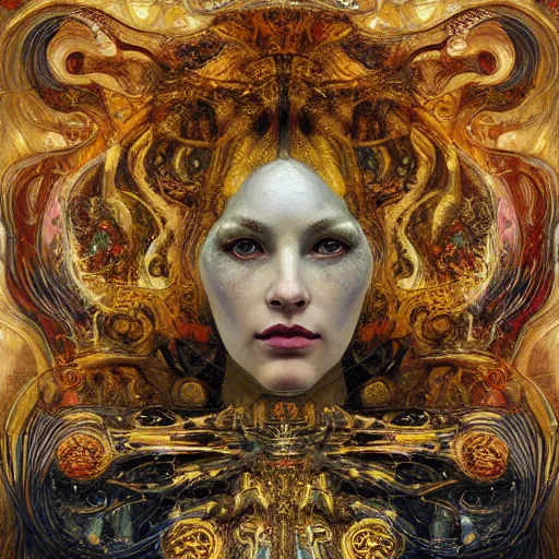 Prompt: Divine Chaos Engine portrait by Karol Bak, Jean Deville, Gustav Klimt, and Vincent Van Gogh, celestial, visionary, fractal structures, ornate realistic gilded medieval icon, spirals, mystical