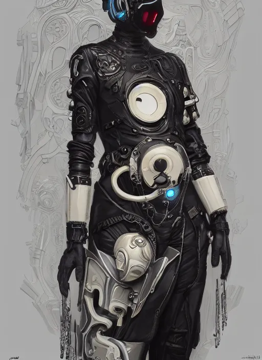 Image similar to a cyborg with mask, black leather garment with art nouveau ivory accessories, cyberpunk, darksynth, luxury, concept art by james jean, extremely detailed, ominous, ethereal, artstation, andree wallin, edvige faini, balaskas, alphonse mucha, 8 k, unreal engine 5