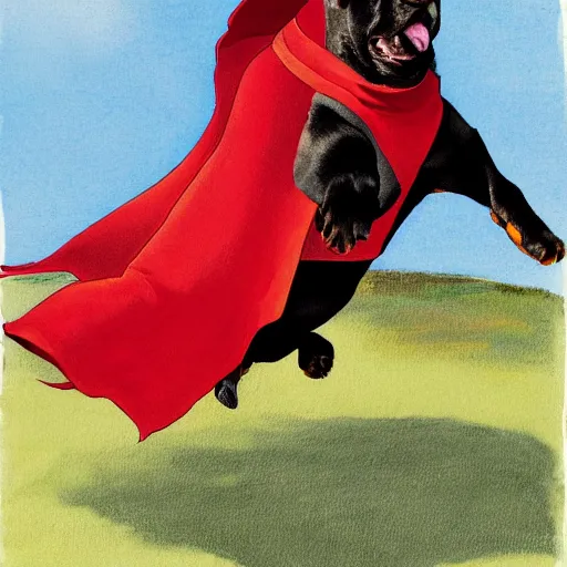 Image similar to Flying Rottweiler wearing a red cape, caricature