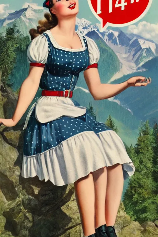 Prompt: 1 9 4 0 s german advertisement poster pinup girl in dirndl, the alps are in the background, unreal engine, global illumination, radiant light, detailed and intricate environment