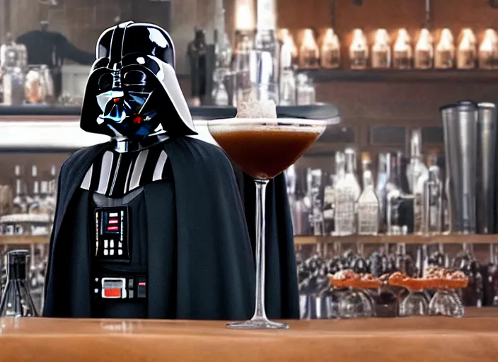 Image similar to film still of Darth Vader working as a bartender in the new Star Wars movie, 4k