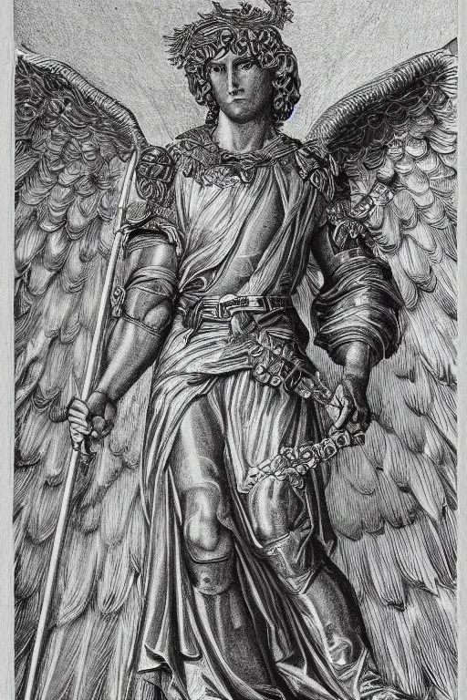 Image similar to A copper engraving of archangel michael, fierce, elegant, HD, 4k, 8k, incredibly detailed, intricate, masterpiece,