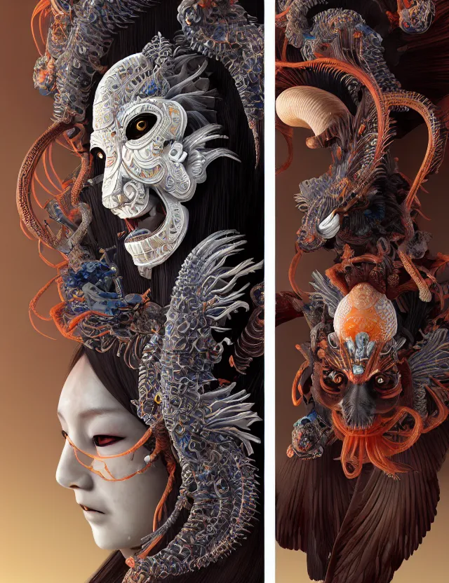 Image similar to 3 d goddess close - up 3 / 4 portrait with ram skull. beautiful intricately detailed japanese crow kitsune mask and clasical japanese kimono. betta fish, jellyfish phoenix, bio luminescent, plasma, ice, water, wind, creature, artwork by tooth wu and wlop and beeple and greg rutkowski