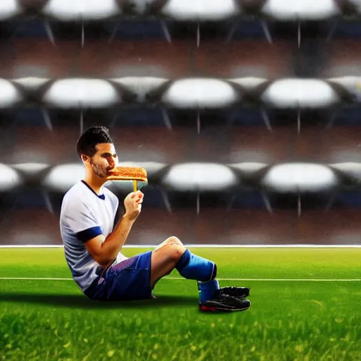 Image similar to soccer player eating a sandwich during a match, distant photo, realistic