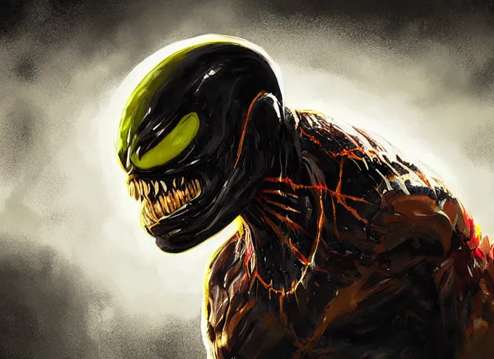 Prompt: venom fused with deadshot yellow eye open mouth spotlight, ultra realistic digital painting by greg rutkowski