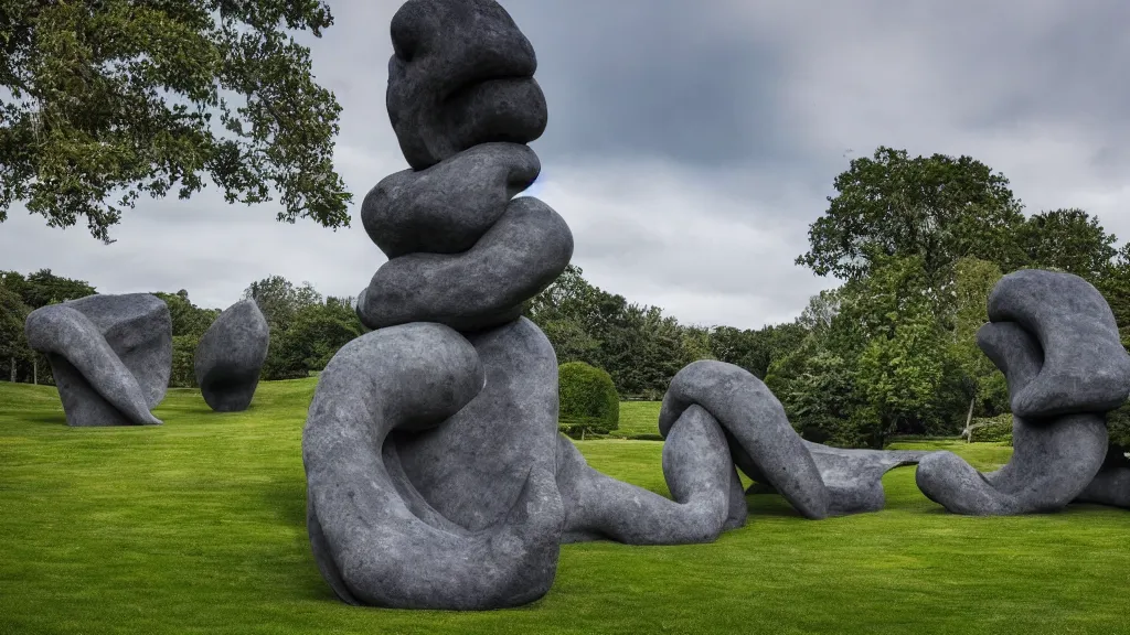 Prompt: a colossal abstract granite sculpture garden by michelangelo an henry moore, on a green lawn, distant mountains, 8 k, dslr camera, enormous creatures augment my desire