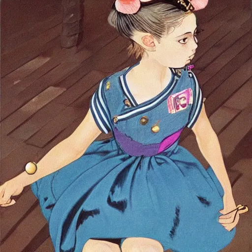 Image similar to little girl wearing an gucci's outfit. art made by hirohiko araki, inspired by balthus, highly detailed, realistic,