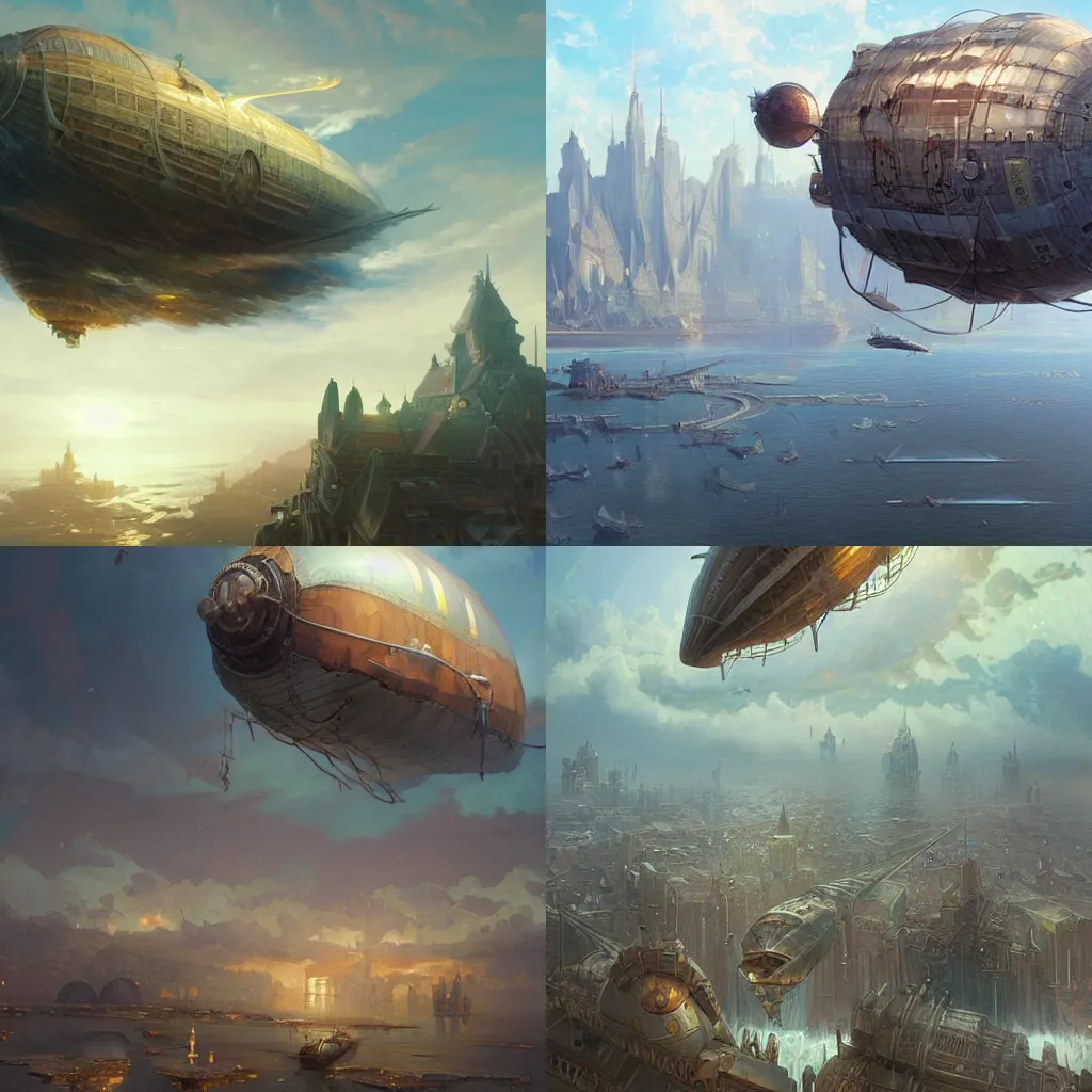 Prompt: Airship over a floating city, fantasy, highly detailed, digital painting, artstation, smooth, sharp focus, illustration, art by artgerm and greg rutkowski and alphonse mucha